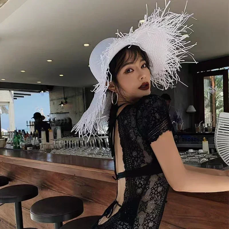 New Summer Wide-brimmed Solid  - đánh giá và giá Paper Straw Color